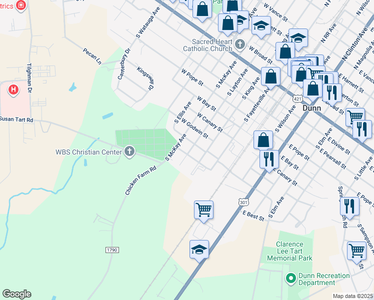map of restaurants, bars, coffee shops, grocery stores, and more near 400 West Greenwood Street in Dunn