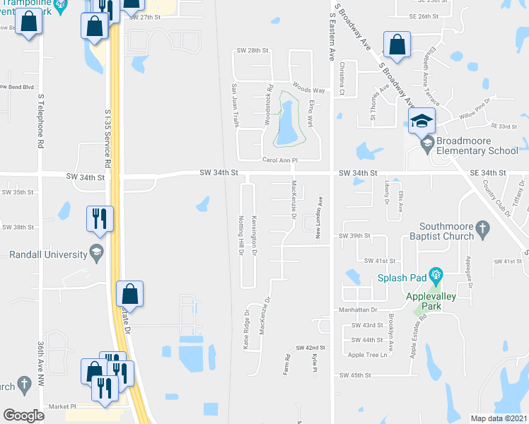 map of restaurants, bars, coffee shops, grocery stores, and more near 925 Southwest 37th Street in Moore