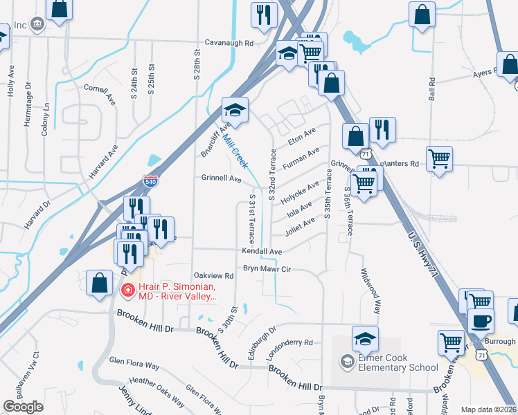 map of restaurants, bars, coffee shops, grocery stores, and more near 8500 South 32nd Terrace in Fort Smith