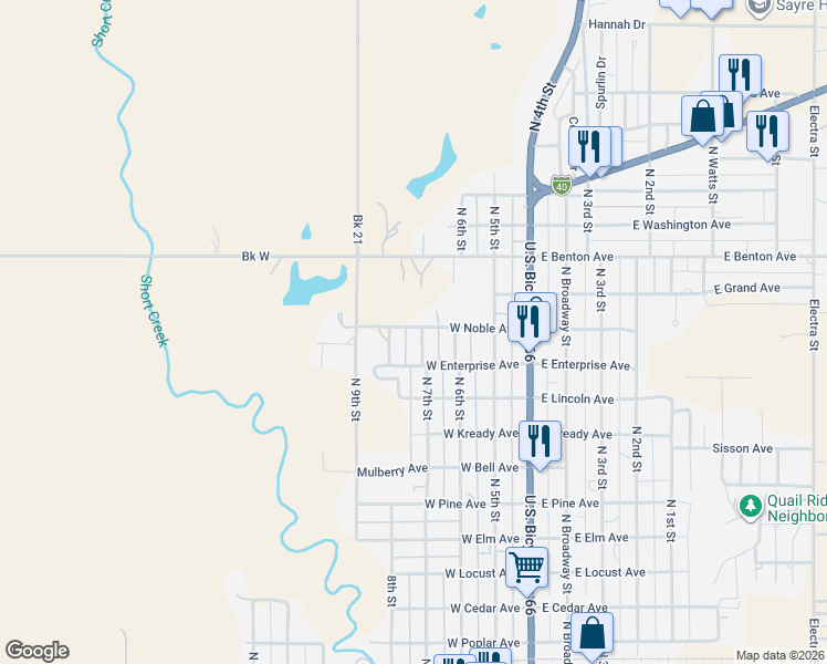 map of restaurants, bars, coffee shops, grocery stores, and more near 1113 North 7th Street in Sayre