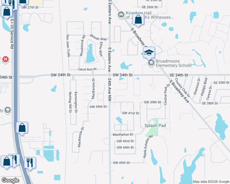 map of restaurants, bars, coffee shops, grocery stores, and more near 651 Southwest 37th Street in Moore