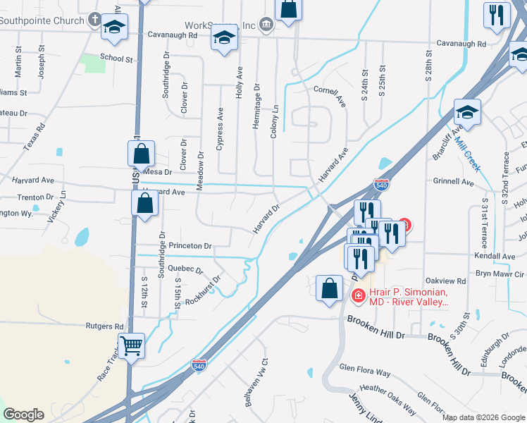map of restaurants, bars, coffee shops, grocery stores, and more near 8600 Harvard Drive in Fort Smith