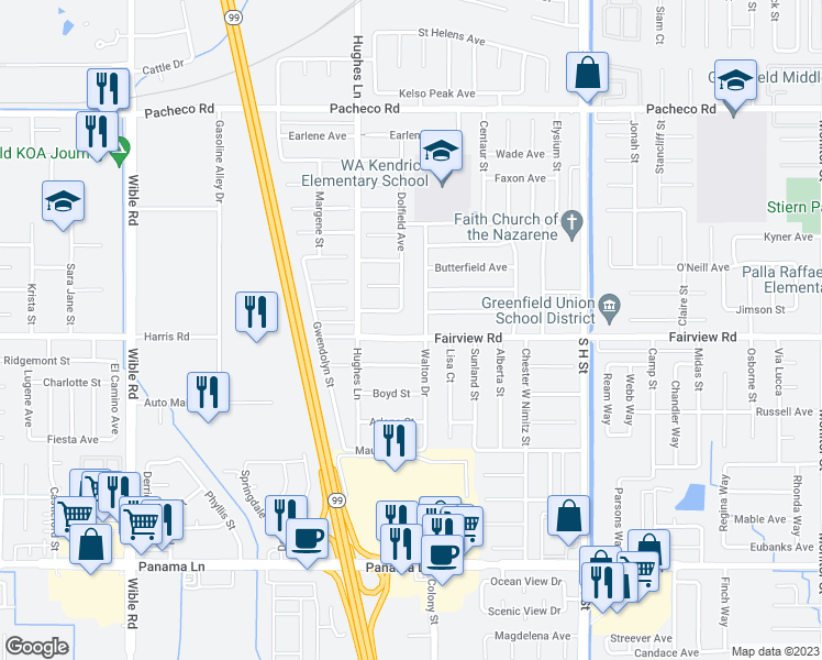map of restaurants, bars, coffee shops, grocery stores, and more near 2232 Fairview Road in Bakersfield