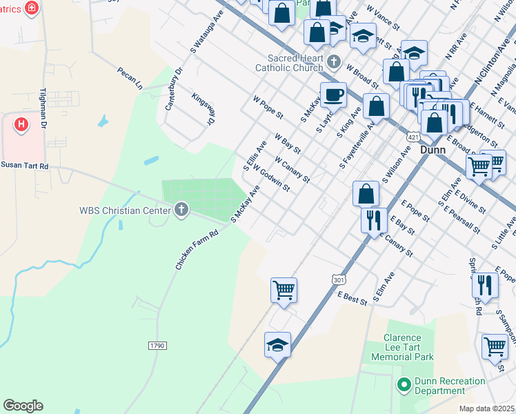 map of restaurants, bars, coffee shops, grocery stores, and more near 400 West Greenwood Street in Dunn