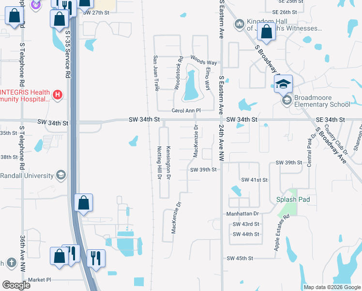 map of restaurants, bars, coffee shops, grocery stores, and more near 919 Southwest 36th Street in Moore