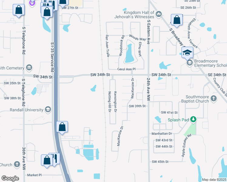 map of restaurants, bars, coffee shops, grocery stores, and more near 3901 Kensington Drive in Moore