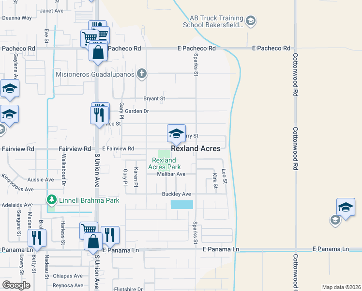 map of restaurants, bars, coffee shops, grocery stores, and more near 425 Sperry Street in Bakersfield