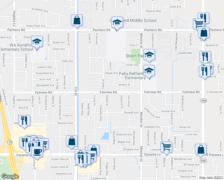 map of restaurants, bars, coffee shops, grocery stores, and more near 5525 Dustin Street in Bakersfield