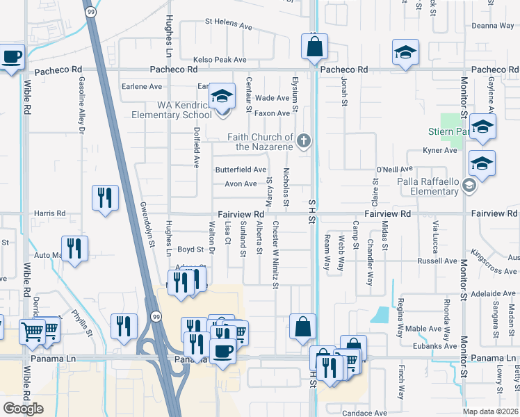 map of restaurants, bars, coffee shops, grocery stores, and more near 2004 Springfield Avenue in Bakersfield