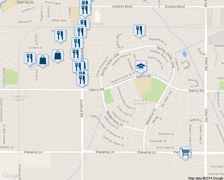 map of restaurants, bars, coffee shops, grocery stores, and more near 7705 Canyon Clover Drive in Bakersfield