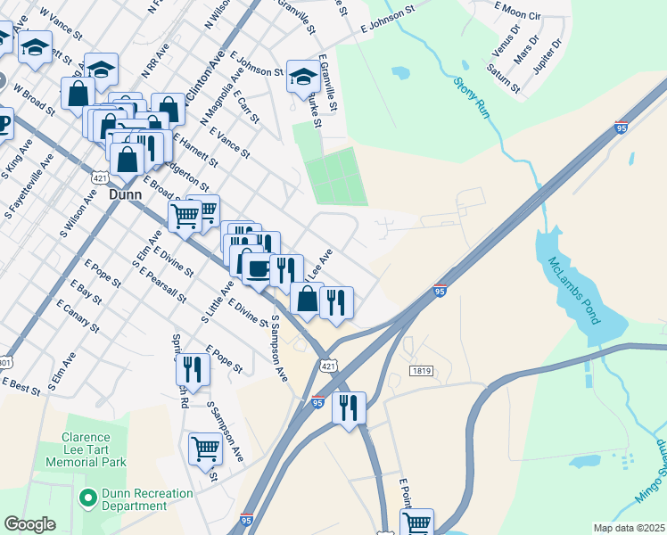 map of restaurants, bars, coffee shops, grocery stores, and more near 1004 East Harnett Street in Dunn