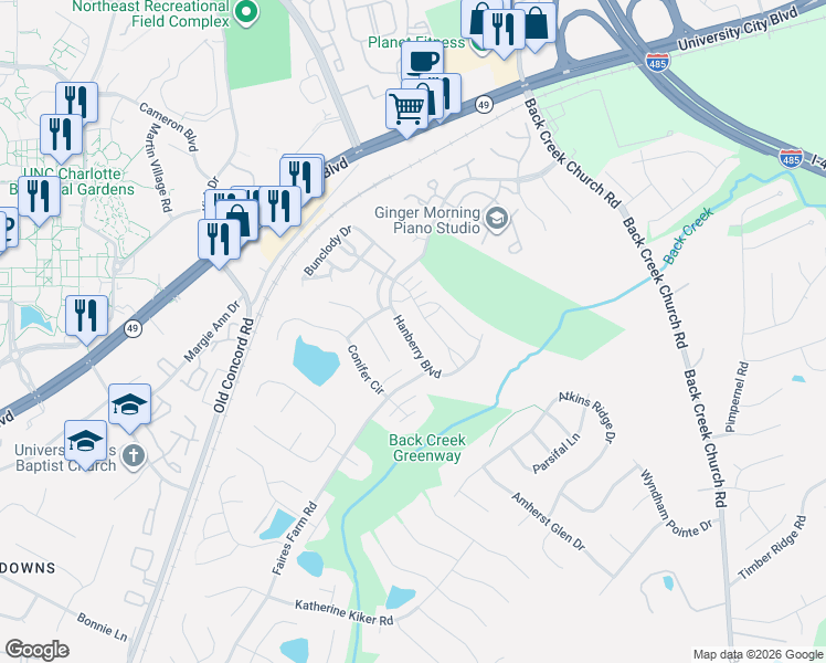 map of restaurants, bars, coffee shops, grocery stores, and more near 10835 Derryrush Drive in Charlotte