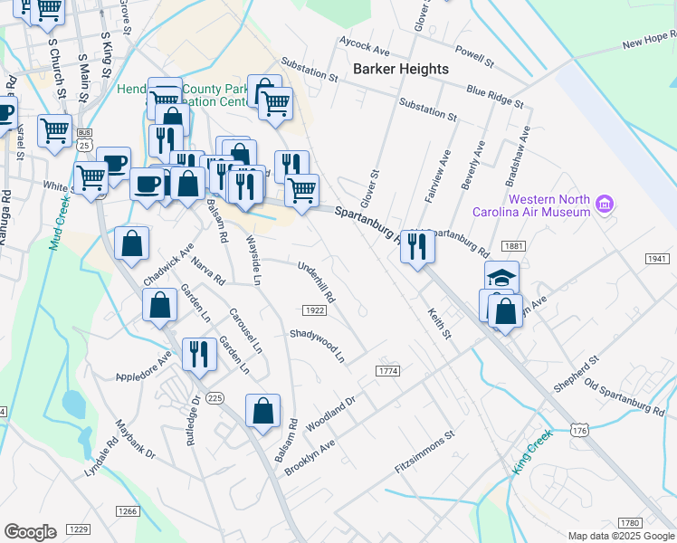 map of restaurants, bars, coffee shops, grocery stores, and more near 21 Charleston View Court in Hendersonville