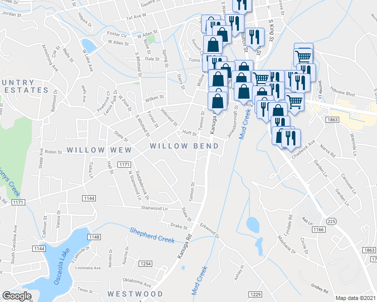 map of restaurants, bars, coffee shops, grocery stores, and more near 581 Courtwood Lane in Hendersonville