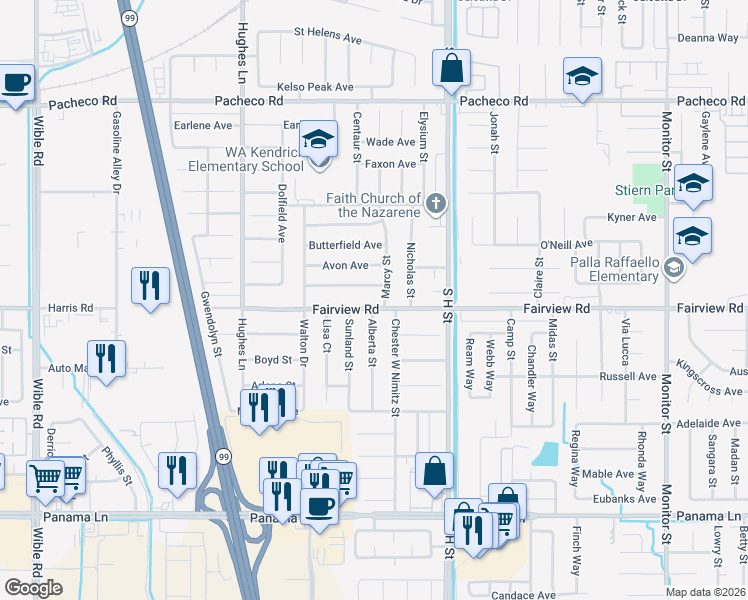 map of restaurants, bars, coffee shops, grocery stores, and more near 2004 Springfield Avenue in Bakersfield