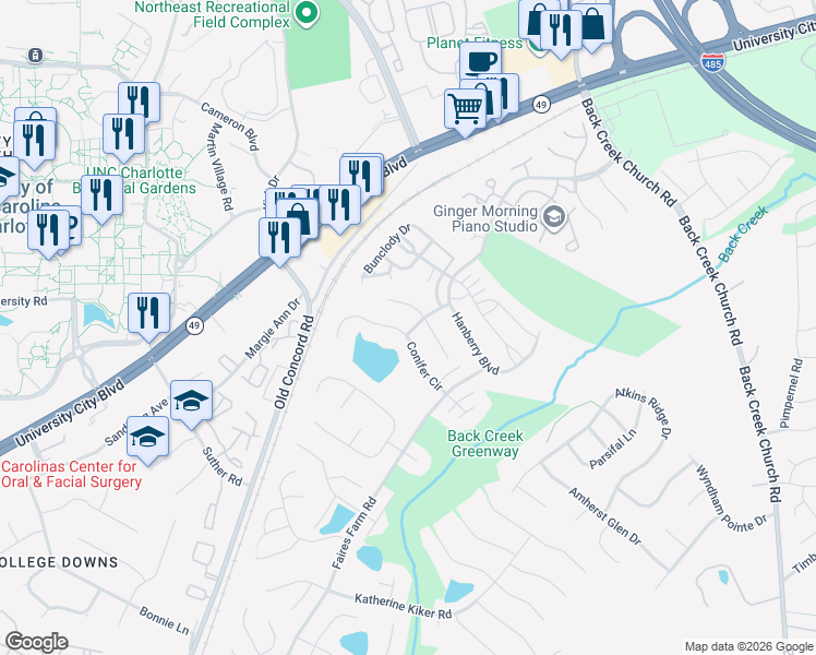 map of restaurants, bars, coffee shops, grocery stores, and more near 1822 Olsen Lane in Charlotte