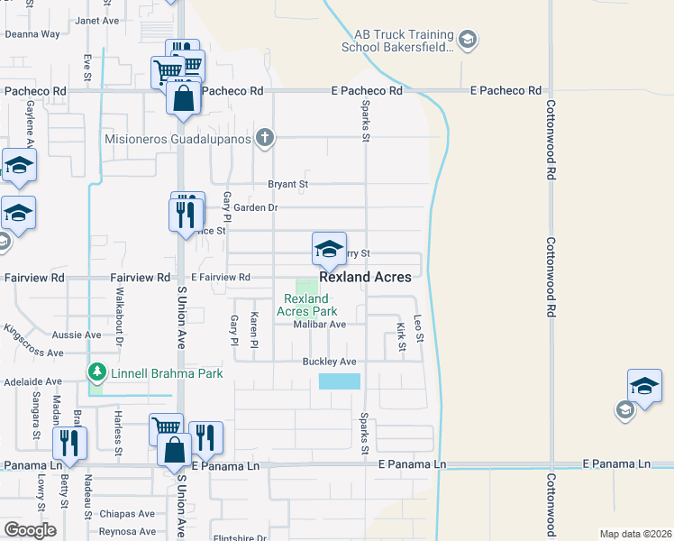 map of restaurants, bars, coffee shops, grocery stores, and more near 425 Sperry Street in Bakersfield