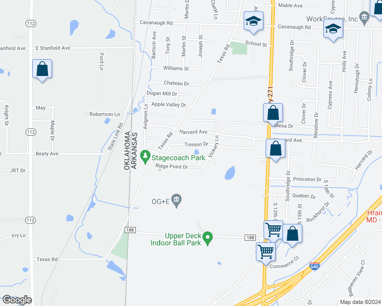 map of restaurants, bars, coffee shops, grocery stores, and more near 605 Torrington Way in Fort Smith