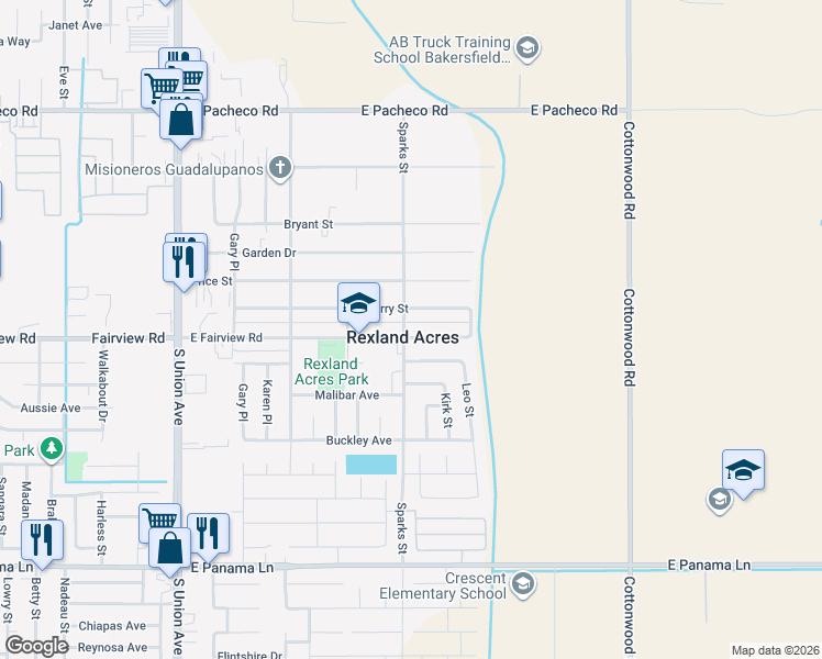 map of restaurants, bars, coffee shops, grocery stores, and more near 509 Sperry Street in Bakersfield