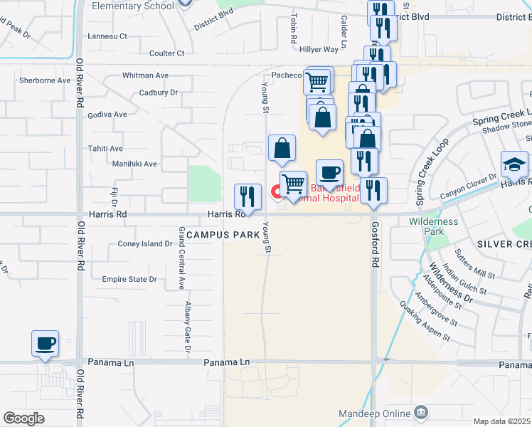 map of restaurants, bars, coffee shops, grocery stores, and more near Harris Rd & Young St in Bakersfield