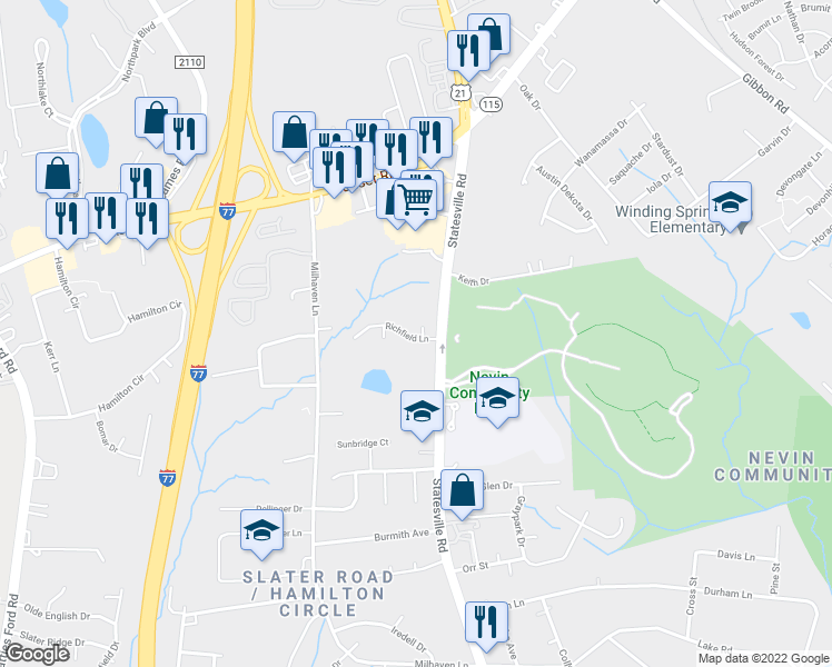 map of restaurants, bars, coffee shops, grocery stores, and more near 6101 Smithwood Court in Charlotte