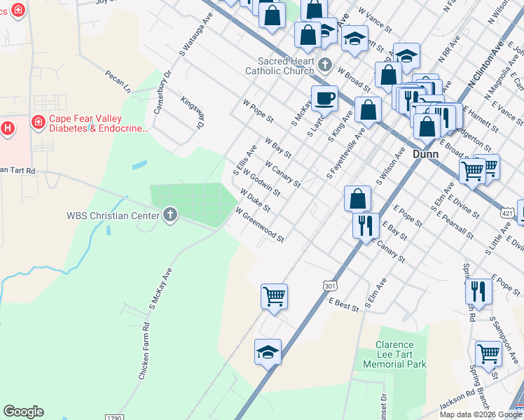 map of restaurants, bars, coffee shops, grocery stores, and more near 901 South McKay Avenue in Dunn