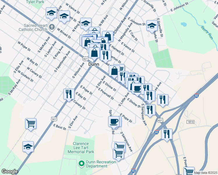 map of restaurants, bars, coffee shops, grocery stores, and more near 301 South Washington Avenue in Dunn