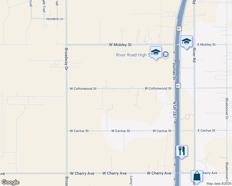map of restaurants, bars, coffee shops, grocery stores, and more near 127-129 West Cottonwood Avenue in Amarillo