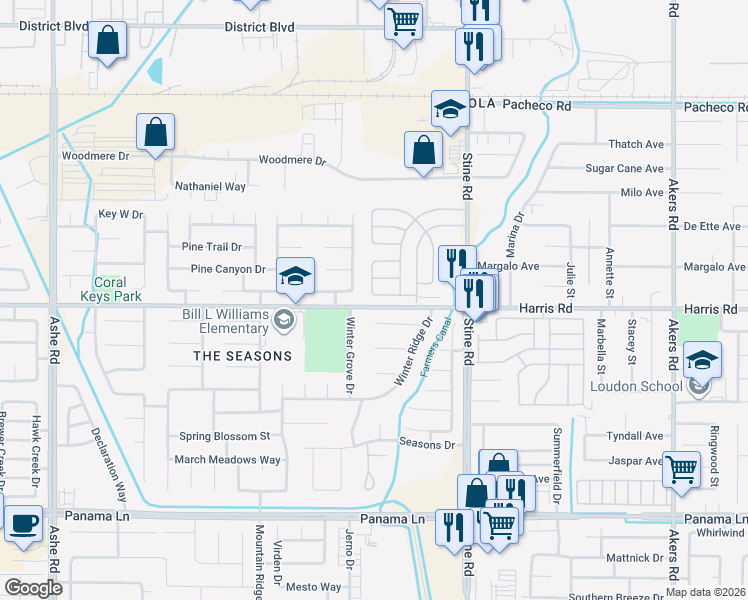 map of restaurants, bars, coffee shops, grocery stores, and more near 5605 Pine Springs Way in Bakersfield