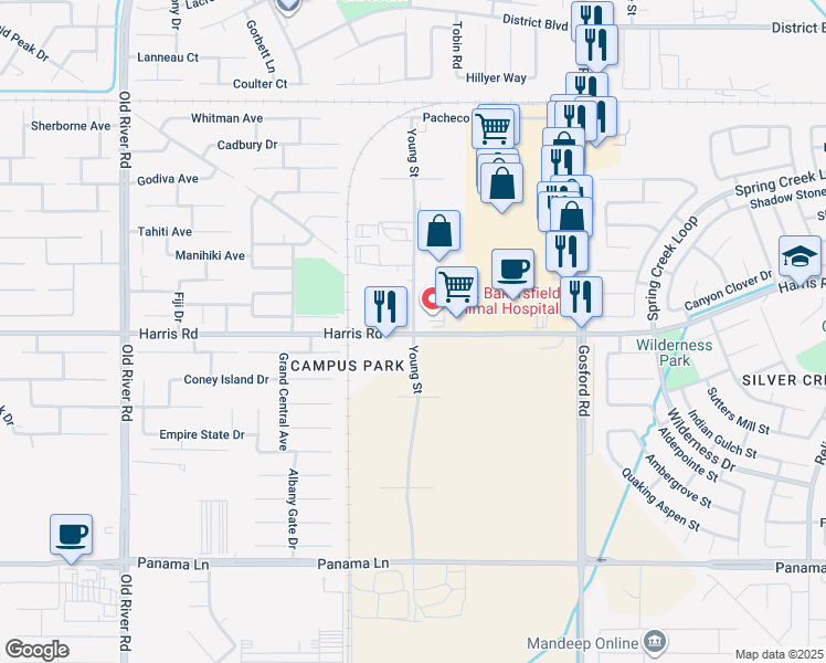 map of restaurants, bars, coffee shops, grocery stores, and more near 5602 Young Street in Bakersfield