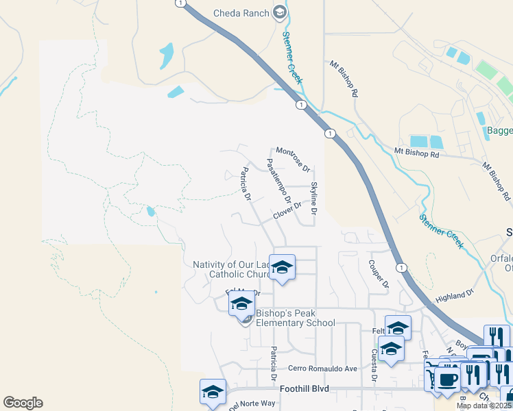 map of restaurants, bars, coffee shops, grocery stores, and more near 245 Patricia Court in San Luis Obispo