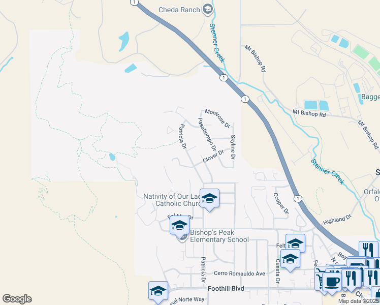 map of restaurants, bars, coffee shops, grocery stores, and more near 245 Patricia Court in San Luis Obispo