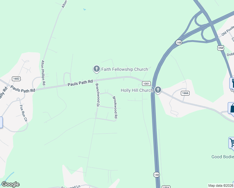 map of restaurants, bars, coffee shops, grocery stores, and more near 2677 Brookwood Road in Kinston