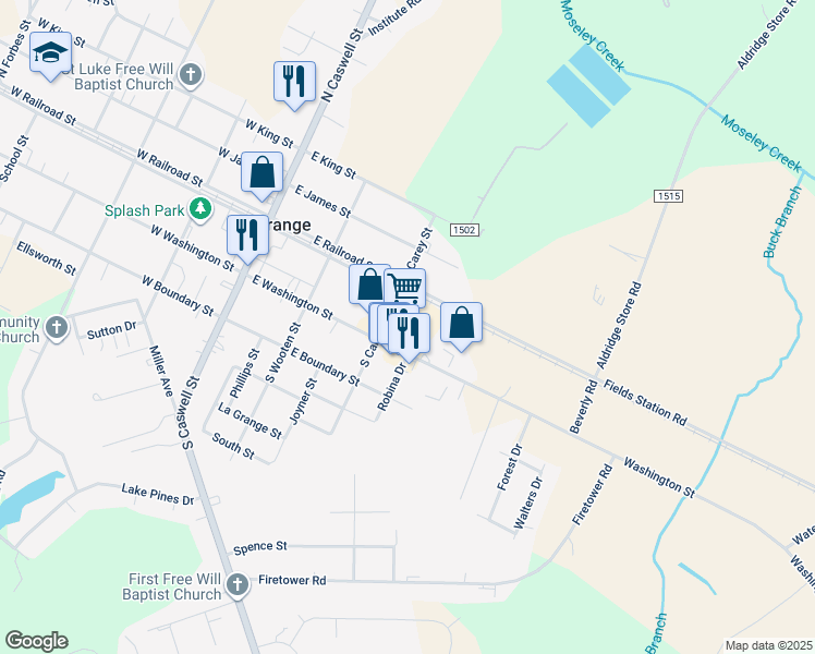 map of restaurants, bars, coffee shops, grocery stores, and more near 301 East Washington Street in La Grange