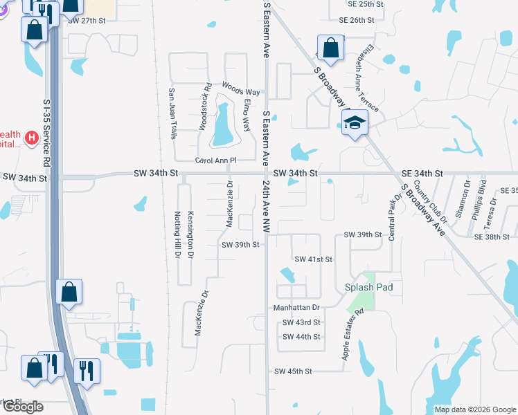 map of restaurants, bars, coffee shops, grocery stores, and more near 3708 New London Avenue in Moore