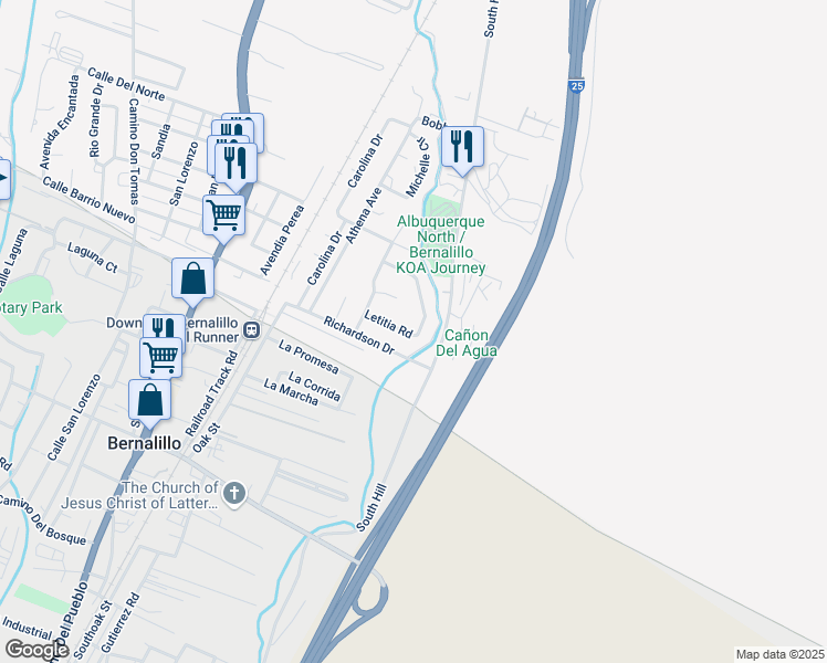 map of restaurants, bars, coffee shops, grocery stores, and more near 497 Swann Loop in Bernalillo
