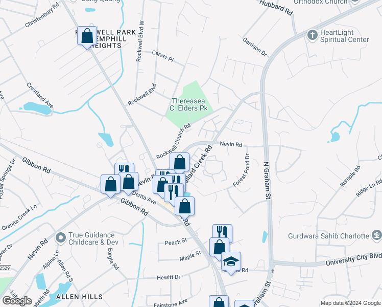 map of restaurants, bars, coffee shops, grocery stores, and more near 6429 Mallard View Lane in Charlotte