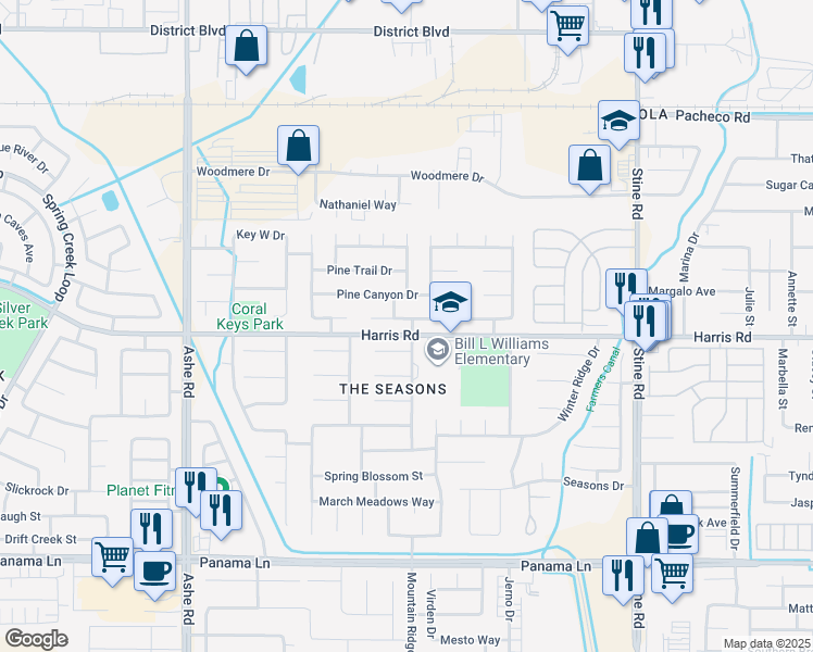 map of restaurants, bars, coffee shops, grocery stores, and more near 5703 Summer Cypress Drive in Bakersfield