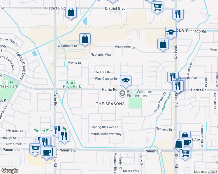 map of restaurants, bars, coffee shops, grocery stores, and more near 5801 Summer Cypress Drive in Bakersfield