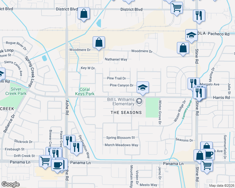 map of restaurants, bars, coffee shops, grocery stores, and more near 5812 Summer Cypress Drive in Bakersfield