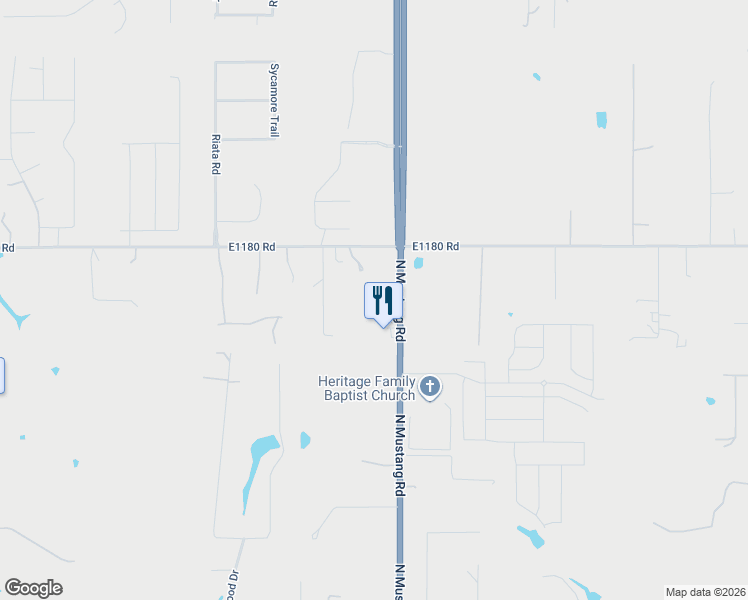 map of restaurants, bars, coffee shops, grocery stores, and more near 975 Mustang Road in Tuttle