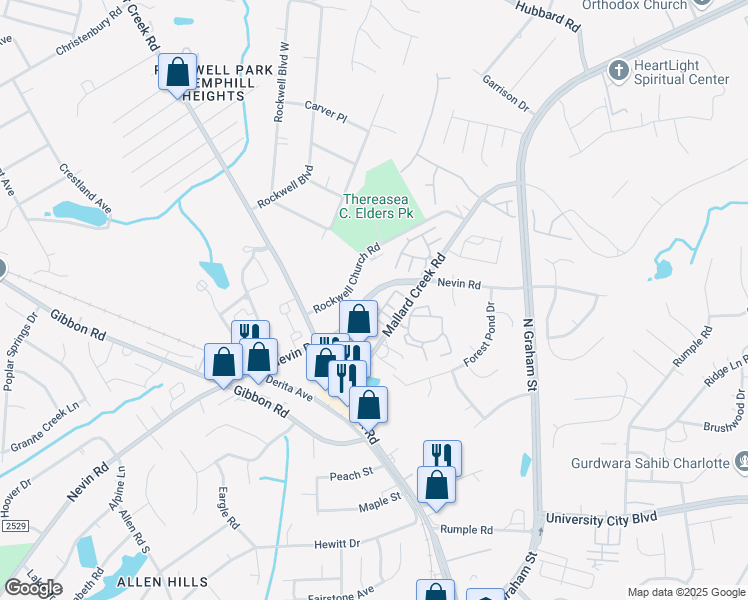 map of restaurants, bars, coffee shops, grocery stores, and more near 6419 Mallard View Lane in Charlotte