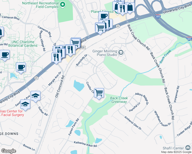 map of restaurants, bars, coffee shops, grocery stores, and more near 10250 Saint Joseph Drive in Charlotte