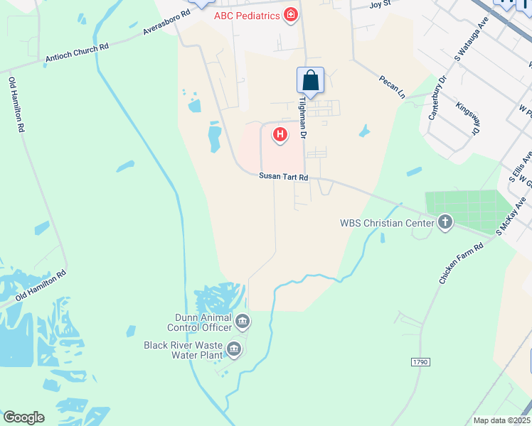 map of restaurants, bars, coffee shops, grocery stores, and more near Susan Tart Road in Dunn