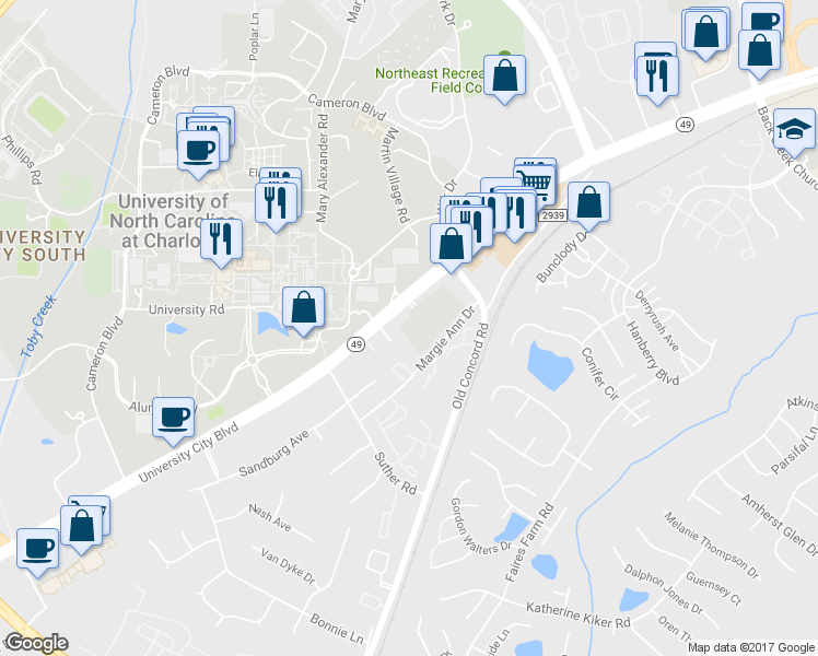 map of restaurants, bars, coffee shops, grocery stores, and more near 1225 University Walk Circle in Charlotte