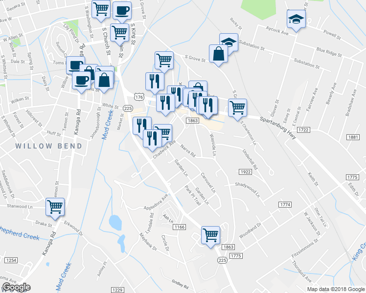 map of restaurants, bars, coffee shops, grocery stores, and more near 900 Narva Road in Hendersonville