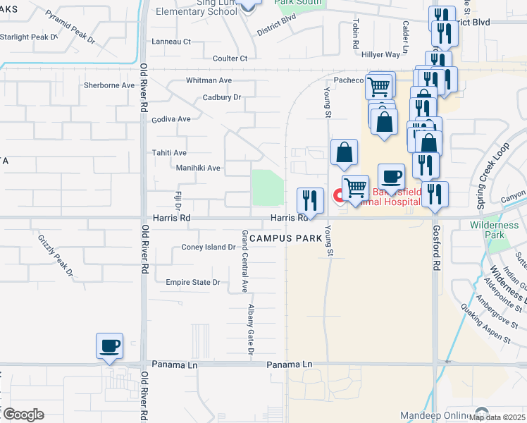 map of restaurants, bars, coffee shops, grocery stores, and more near 9005 Tropicana Drive in Bakersfield
