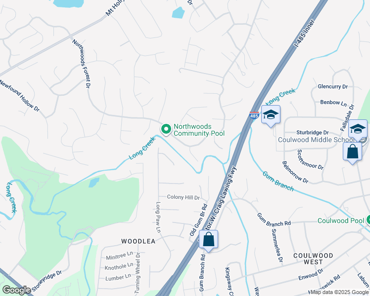 map of restaurants, bars, coffee shops, grocery stores, and more near 10107 Northwoods Forest Drive in Charlotte
