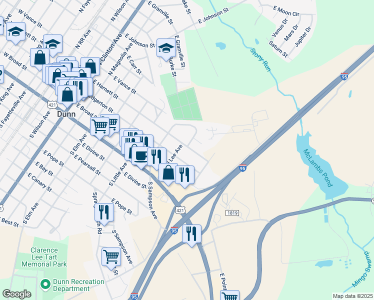 map of restaurants, bars, coffee shops, grocery stores, and more near 1004 East Harnett Street in Dunn