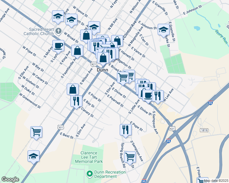 map of restaurants, bars, coffee shops, grocery stores, and more near 506 East Divine Street in Dunn